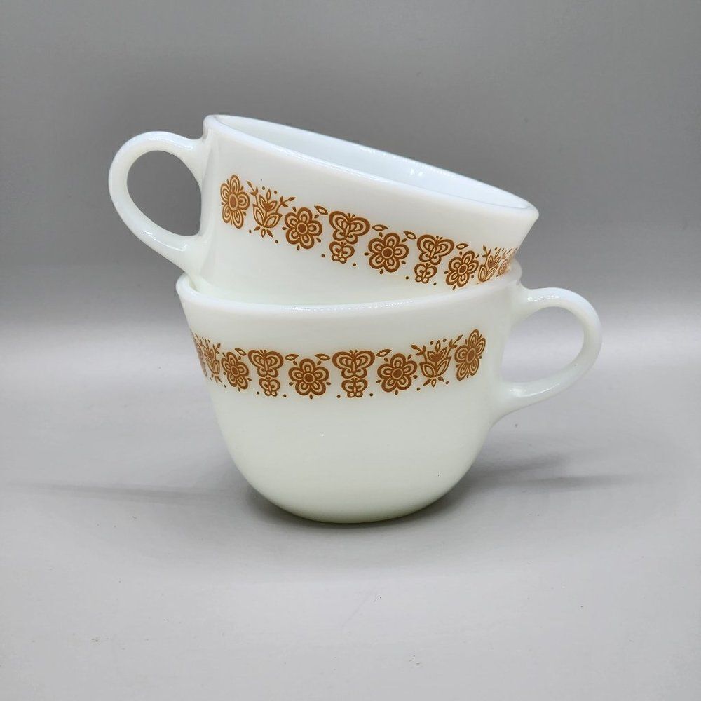 Lots of 2 Vintage Pyrex Milk Glass Butterfly Gold 8 oz. Coffee Tea Cup Mug